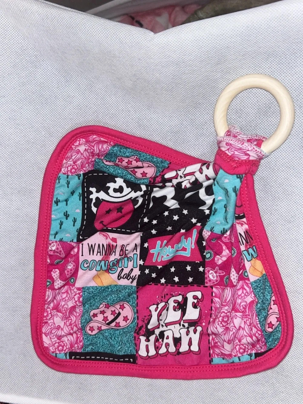 Kids Pink Patchwork Bamboo Lovey with Wood Ring